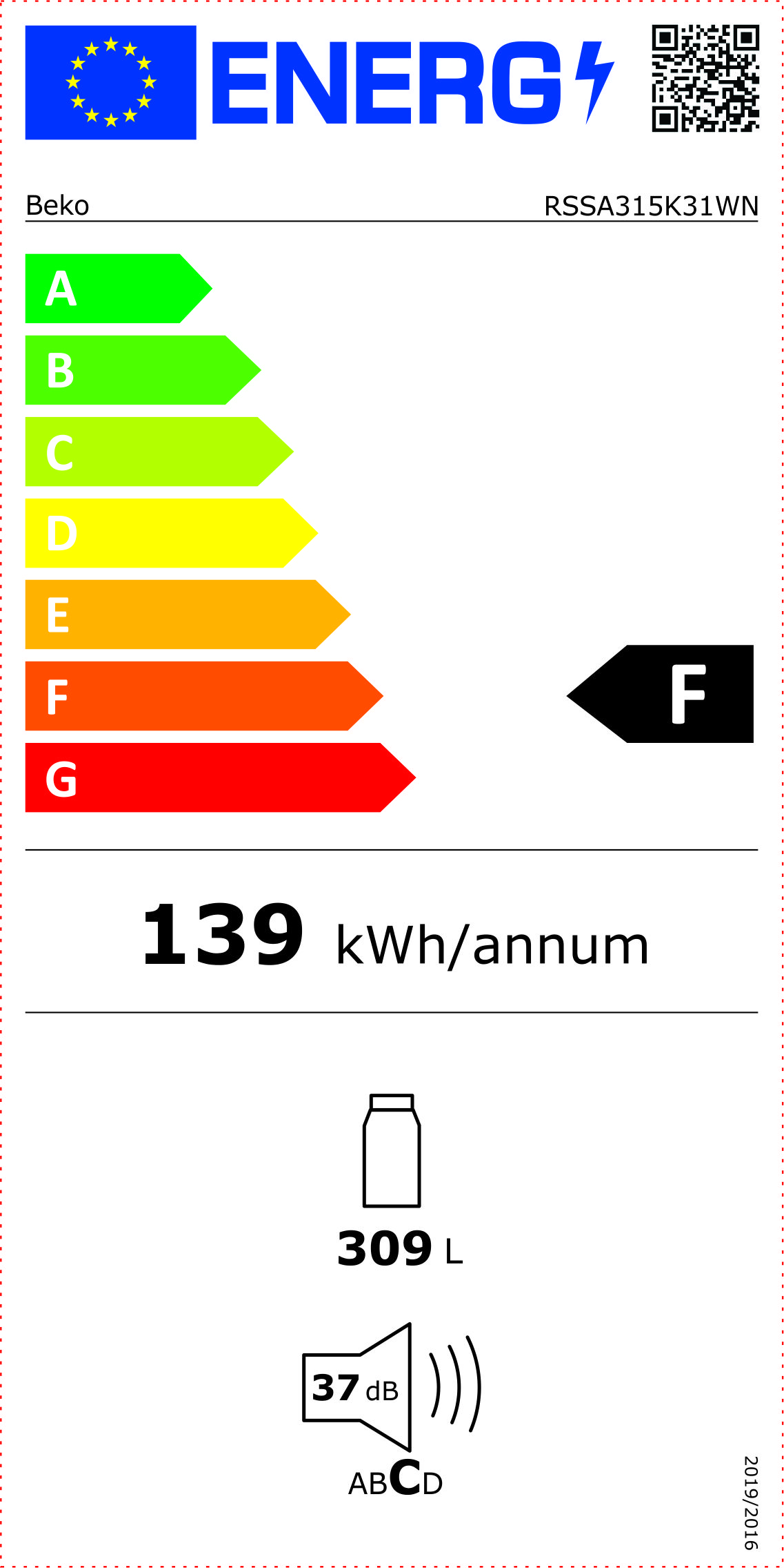 BEKO RSSA315K41WN réfrigérateur pose-libre sans congélateur - 180cm