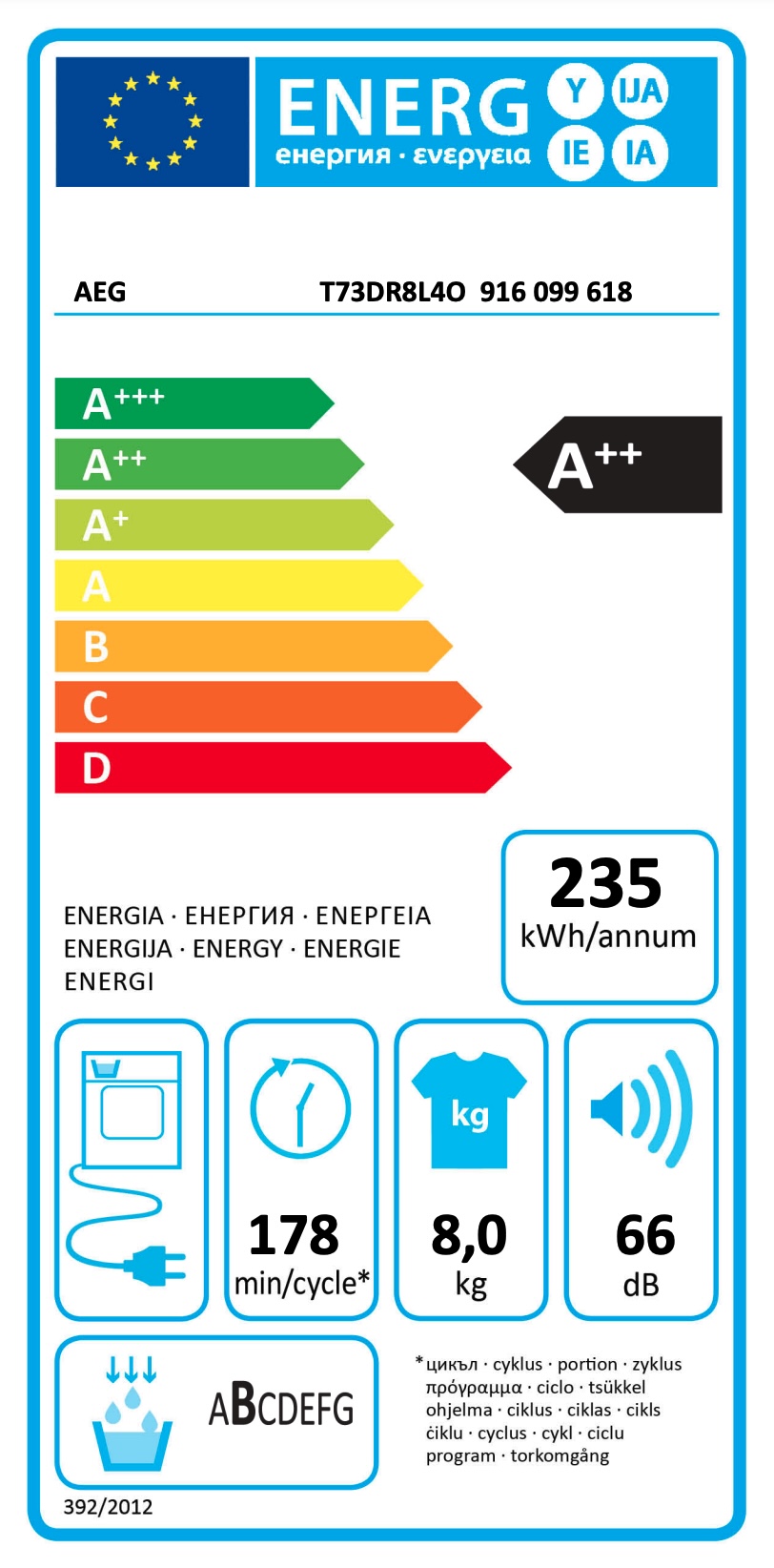 AEG T73DR8L4O 7000 seche-linge - par pompe à chaleur