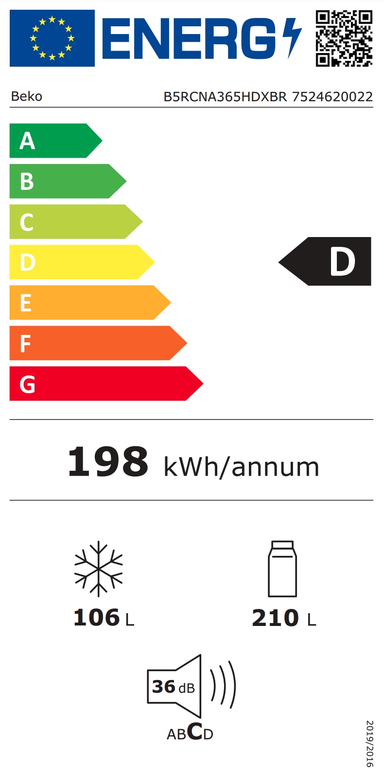 BEKO B5RCNA365HDXBR combiné pose-libre réfrigérateur-congélateur - 185cm