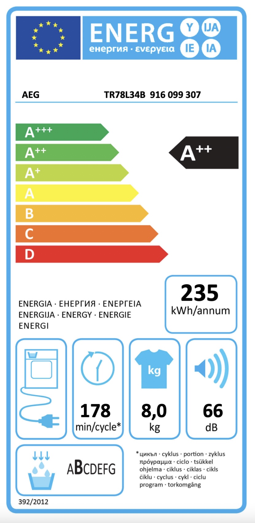 AEG TR79G34B 7000 sèche-linge