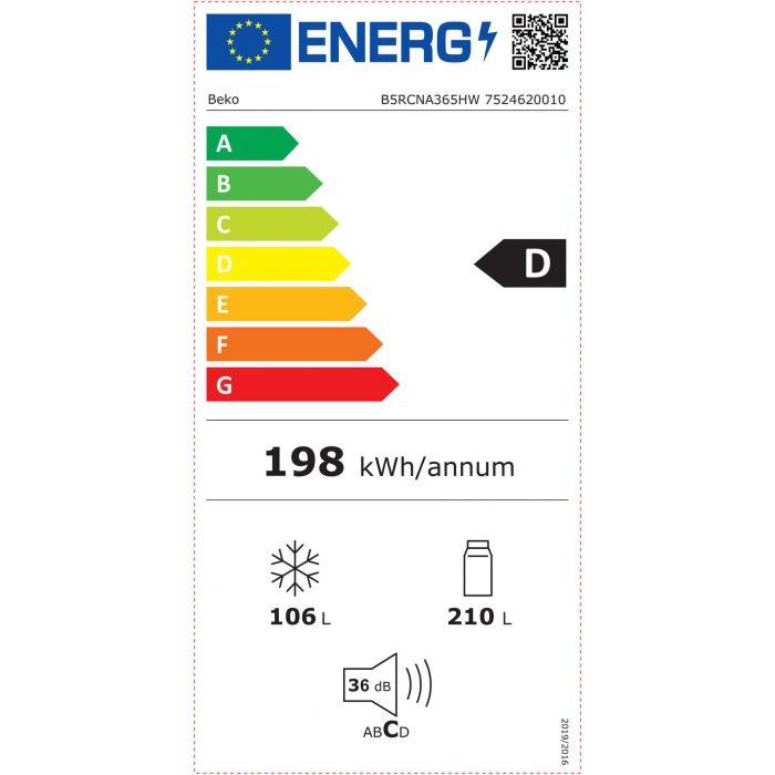 BEKO B5RCNA365HW combiné réfrigérateur-congélateur pose-libre - 186cm